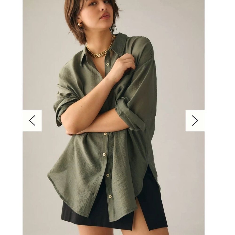 Anthropologie Maeve The Bennett Button Down Tunic Shirt Green Womens Large